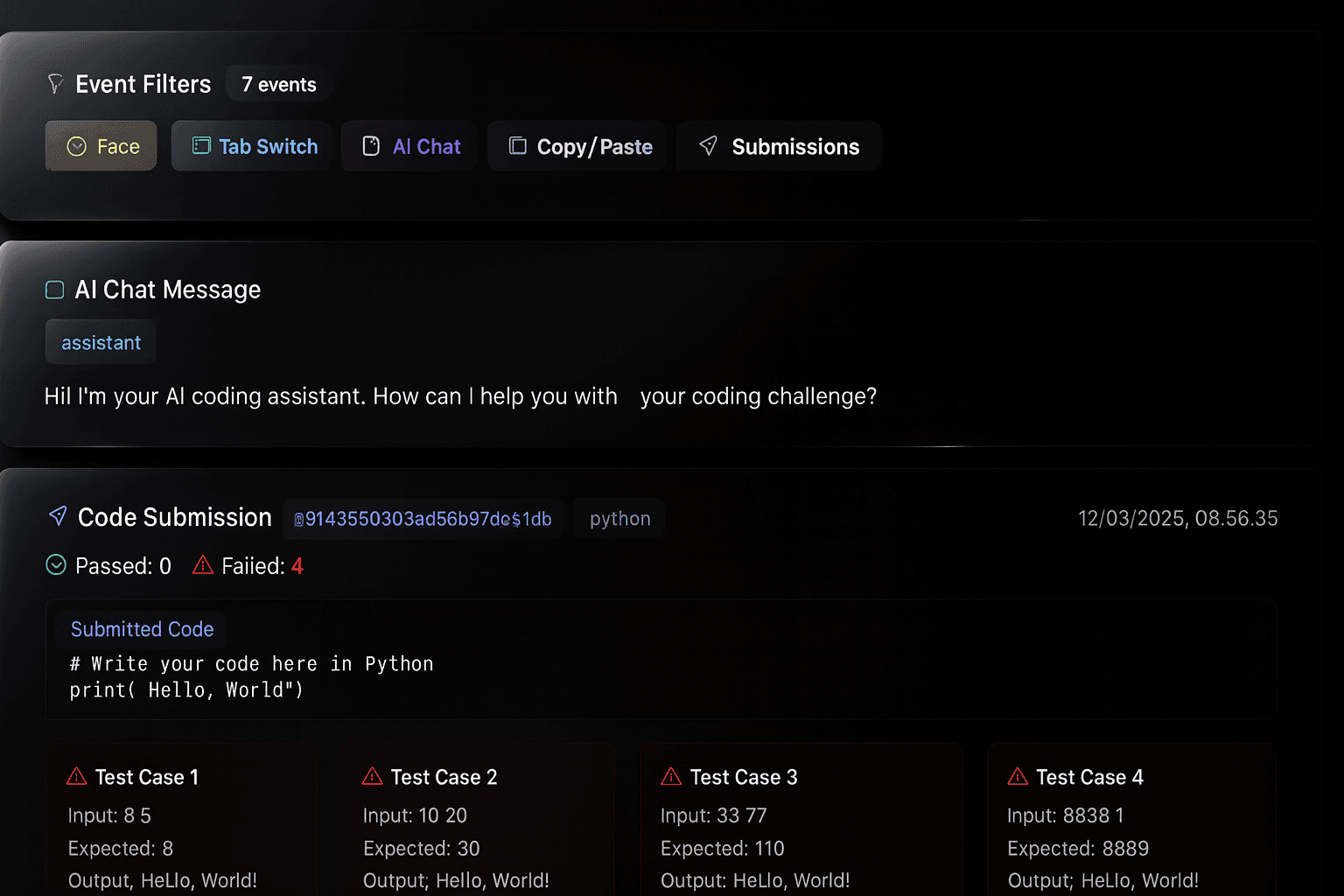 Malpractice Detection Interface - Anti-cheating system for technical assessments